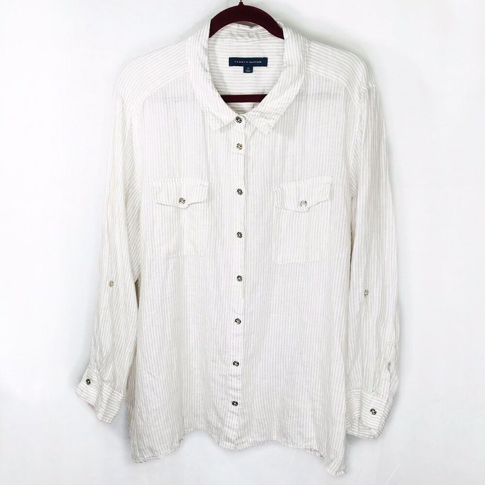 Tommy Hilfiger Women's Plus 2X Beige Striped Linen Roll Tab Button Up Shirt